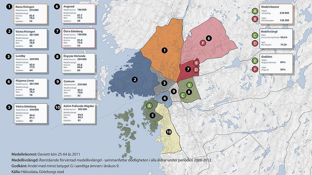 Kartan visar medelinomst, medellivslängd och skolresultat för Göteborgs stadsdelar.