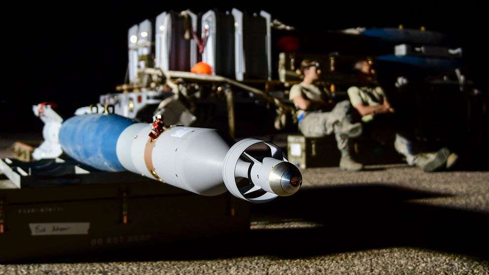En GBU-12 Paveway laserstyrd bomb på flygbasen Davis-Monthan i Arizona USA i april 2019.
