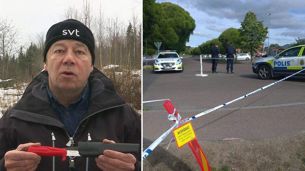 bild på reportern utomhus på vintern, han visar en morakniv; samt bild på polisavspärrning, tejp och polisbilar i Borlänge sommartid.