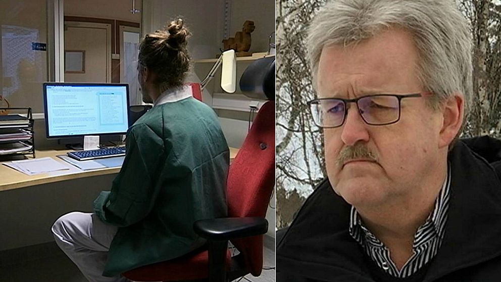Bild på sjuksköterska vid dator och bild på gråhårig man med glasögon