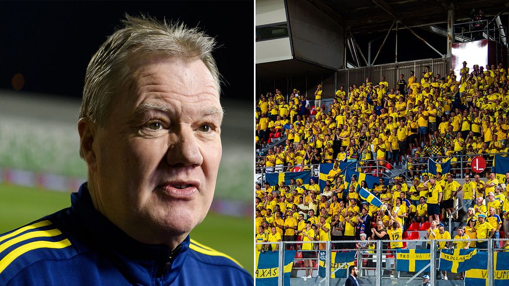 Karl-Erik Nilsson till vänster. Svenska fans till höger.