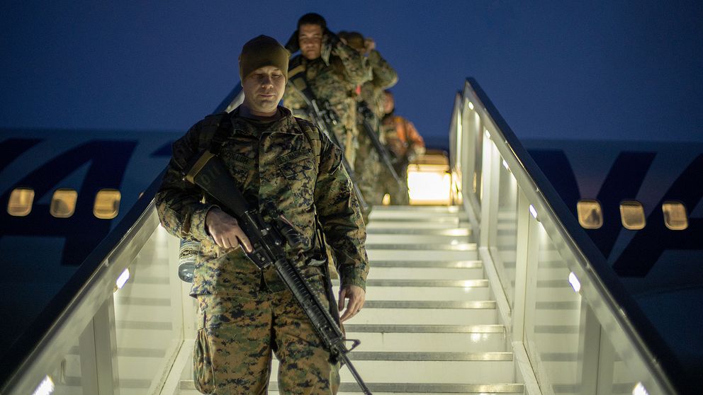 Amerikanska marinkårssoldater när de anlände till flygplatsen Evenes i Norge för att delta i militärövningen Cold Response 20.