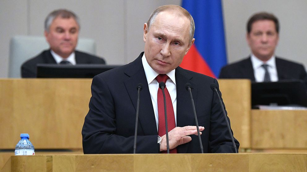 Rysslands president Vladimir Putin i statsduman, underhuset i Rysslands parlament, underhuset i parlamentet.