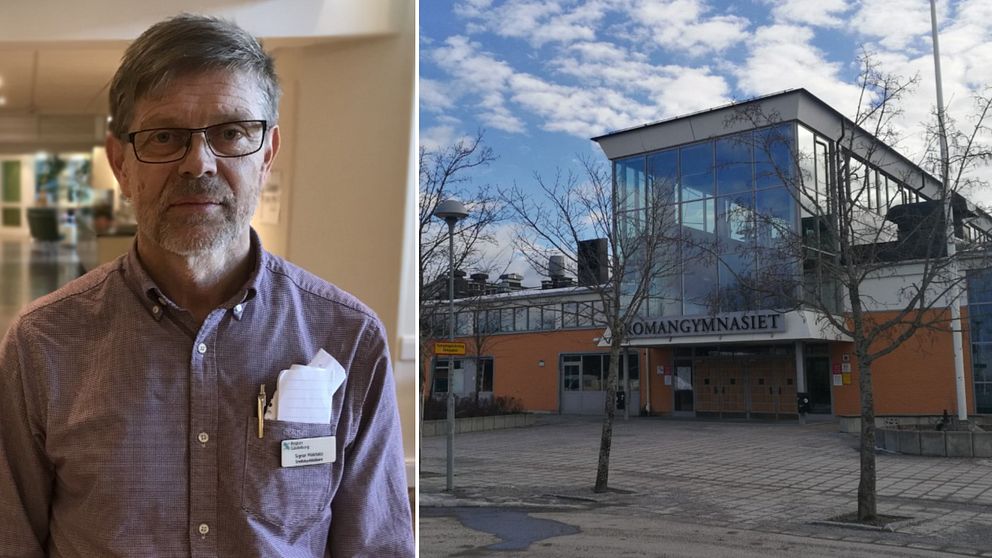 Bilden är en splitbild. Vänster bildhalva: Porträttfoto på smittskyddsläkare Signar Mäkitalo. Höger bildhalva: Bromangymnasiets exteriör.