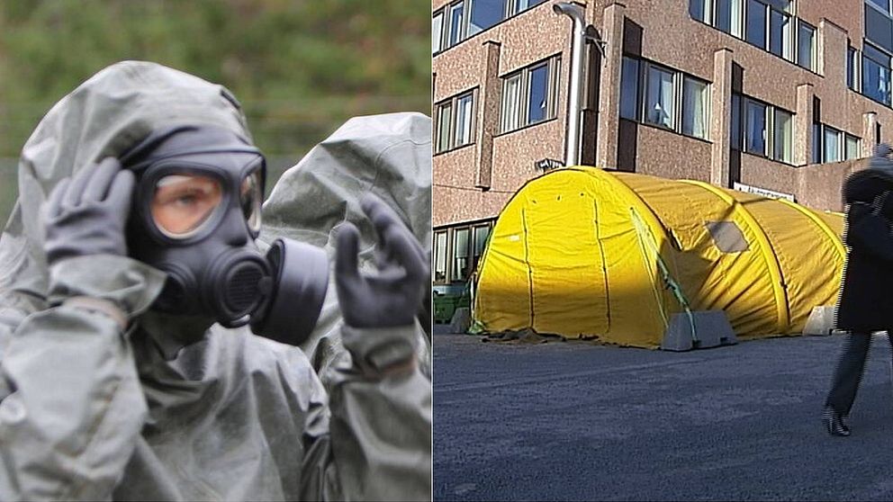 Bild på person med en heltäckande skyddsmask och bild på ett gult tält uppställt utanför akutmottagningen i Östersund.