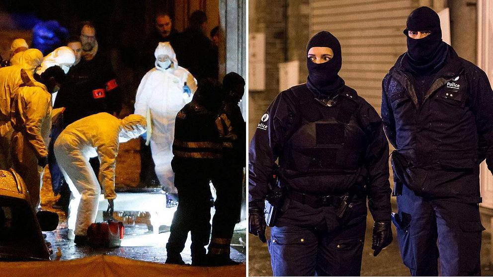 Belgiska poliser vaktar en gata i Verviers, Belgien. Landet har höjt vån för terrorhot till näst högsta nivån efter torsdagens drama där två misstänkta terrorister dödades och ytterligarre en skadades allvarligt i skottlossning med polisen.