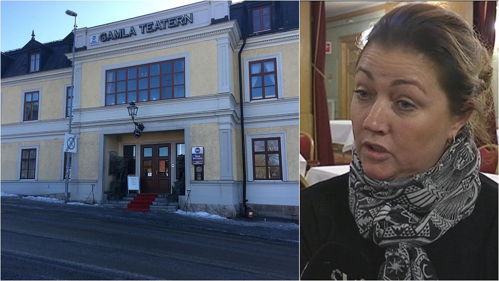 Bild på Hotell Gamla teatern och intervjubild på mörkhårig kvinna med hästsvans.