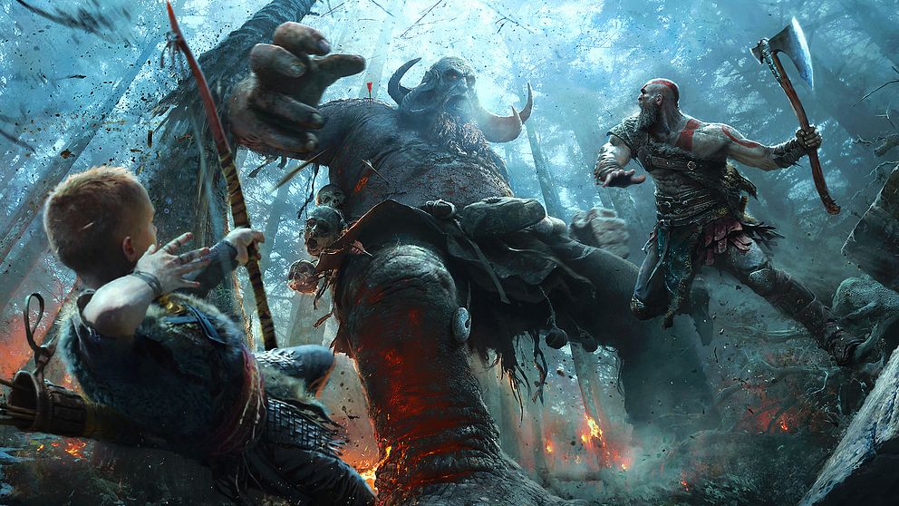 Kratos och Atreus bekämpar nordiska väsen i God of War.