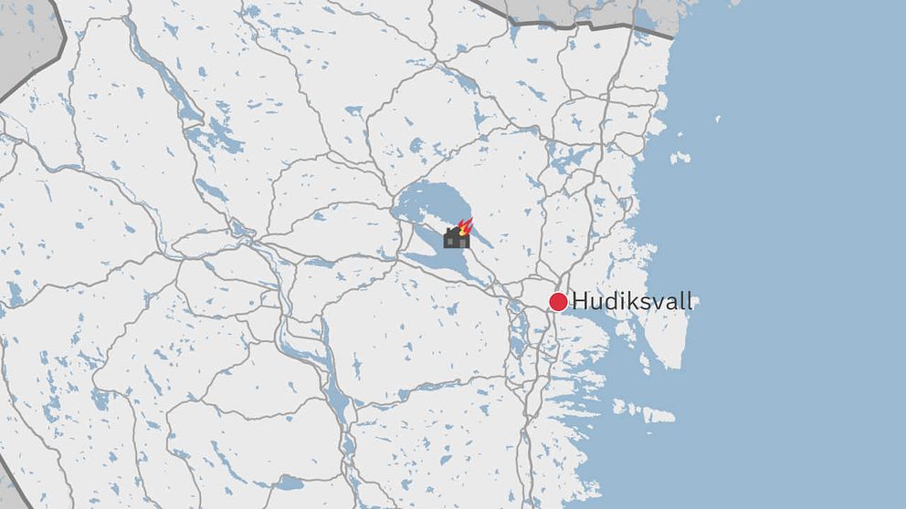 En karta över delar av Gävleborg där Hudiksvall samt en symbol för ett hus med lågor är utplacerade.