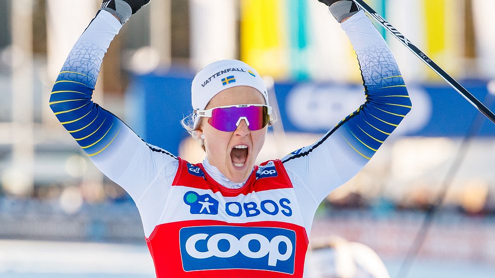 Stina Nilsson jublar efter en tävling i mars förra året.