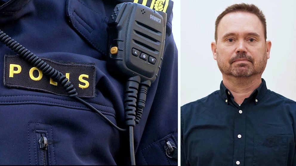 polisuniform och man från Polisförbundet, montage