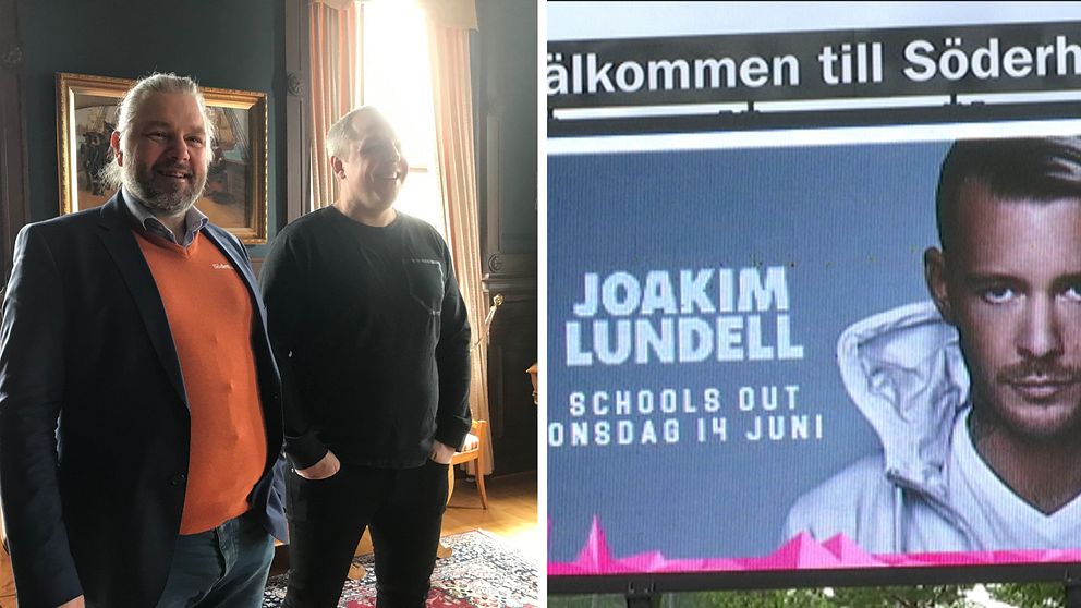 Splitbild. Vänster bildhalva: Anders Uddén och en till person står bredvid varandra i Söderhamns rådhus. Höger bildhalva: Bild på en digital skylt med reklam för artisten Joakim Lundell.