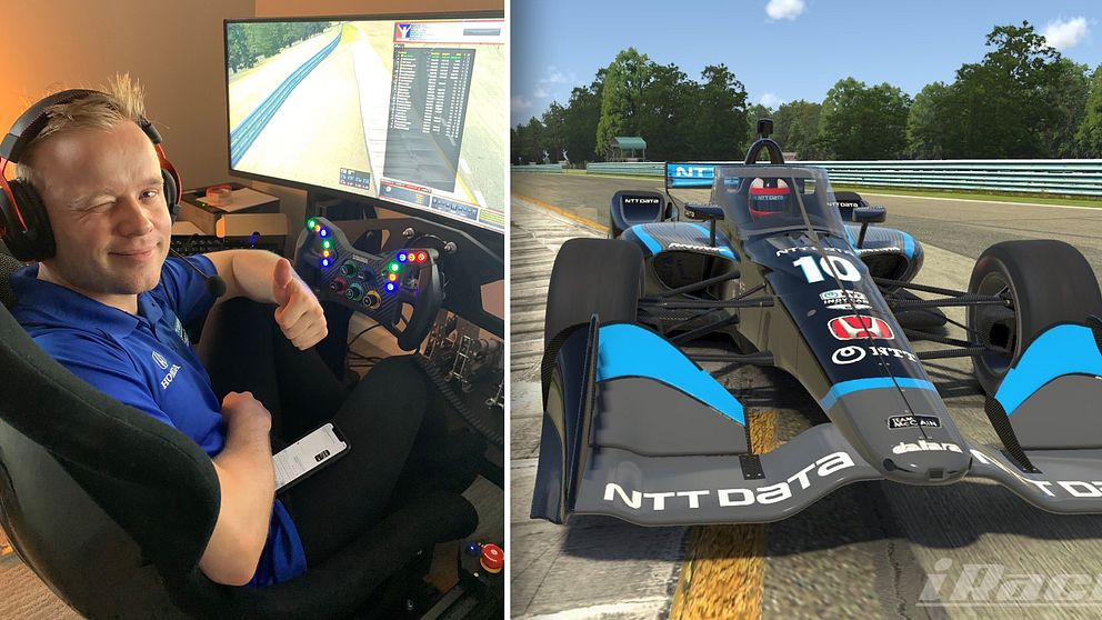 Felix Rosenqvist gör tummen upp framför sin simulator.