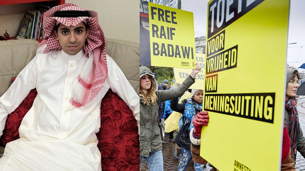 Raef Badawi. Till höger en av de många demonstrationer som arrangerats mot hans straff.