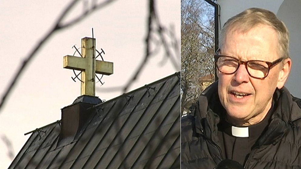 bild på kors på taket på Frösö Kyrka, bild på blond man i glasögon och prästkrage