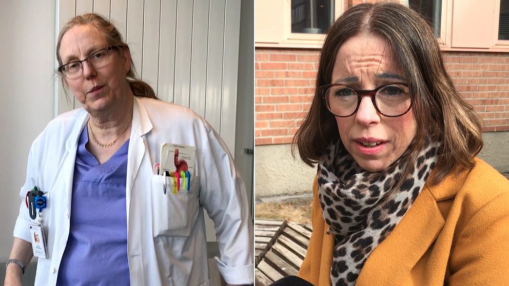 Till vänder en bild på läkarföreningens ordförande Cecilia Nordenson i vit läkarrock med pennor mm i fickan. Till höger Jenny Olsson, vårdförbundets ordförande i kappa utomhus. Bägge är verksamma i Västerbotten.