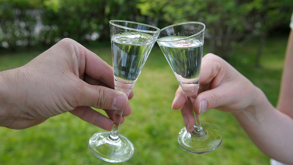 Två personer skålar med sina snapsglas. Temabild.