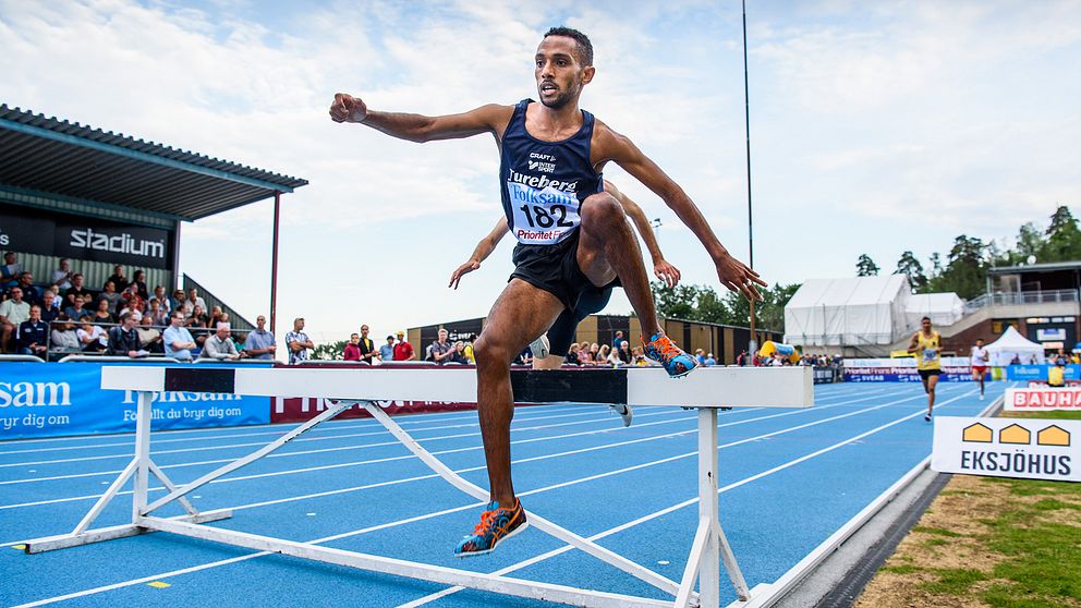 Napoleon Solomon, Turebergs FK, tävlar i herrarnas 3 000 meter hinder under Sollentuna GP 2019. Arkivbild.