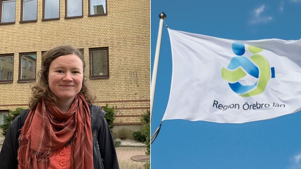 ör Ylva Gullberg, utvecklingsledare av solel på Region Örebro till vänster och Regionens flagga till höger