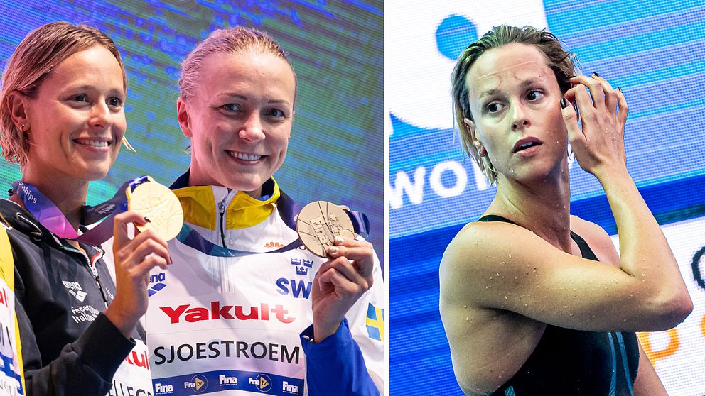 Federica Pellegrini och Sarah Sjöström med sina medaljer under VM 2019.
