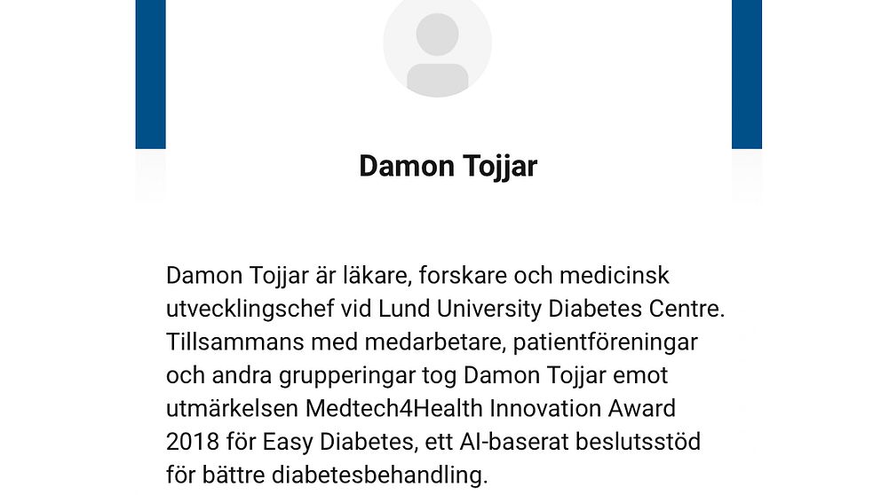 Skärmdump av Damon Tojjars biografi inför Vitalis konferens i maj 2020.