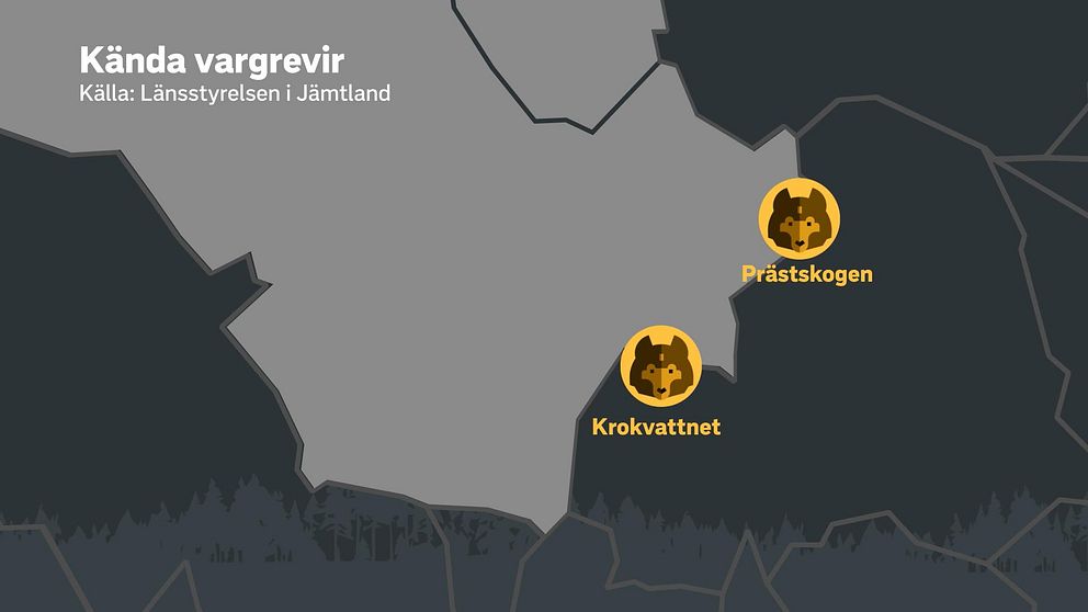Karta över södra delarna av Jämtlands län med två vargrevir utmärkta på gränsen mot Hälsingland.