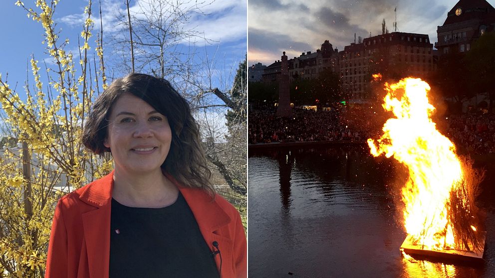 Anna-Karin Andershed, prorektor på Örebro universitet till vänster och valborgselden i Örebro till höger