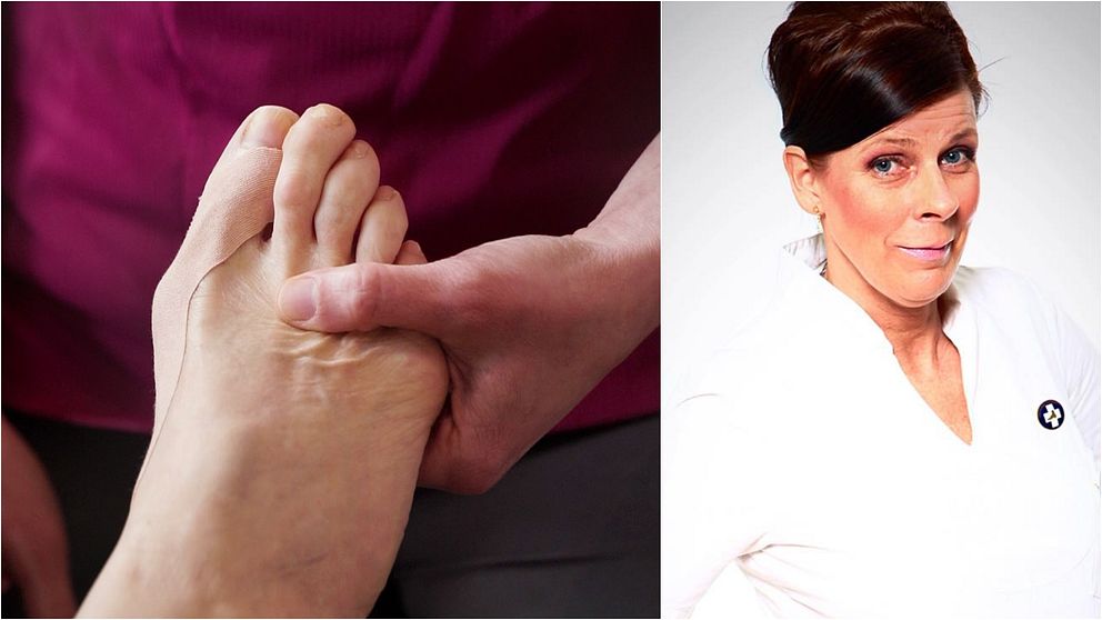 Till vänster: en hand masserar en fot. Till höger Eva Jääskeläinen, medicinsk fotterapeut.