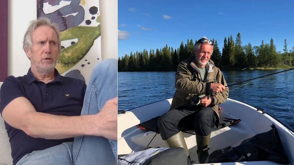 Man med grått hår och grått skägg sitter i en soffa, bild på samma man i en båt med ett fiskespö i handen.
