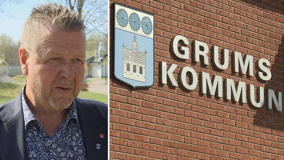 Två bilder. Till vänster ett porträtt på kommunalrådet Leif Haraldsson (S), till höger en bild på kommunhuset i Grums med kommunens logotyp och texten ”Grums kommun”.