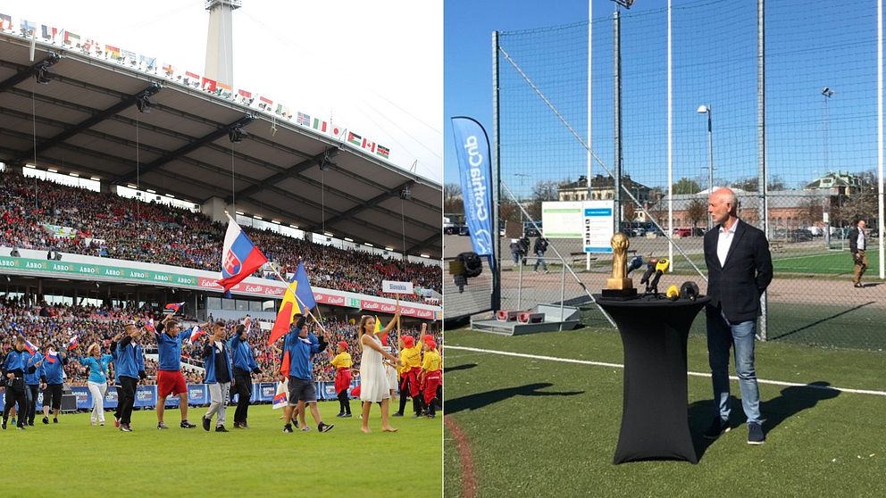 Till vänster, ungdomar bär in flaggor under invigningen av Gothia cup. Till höger, Dennis Andersson, generalsekreterare Gothia cup.