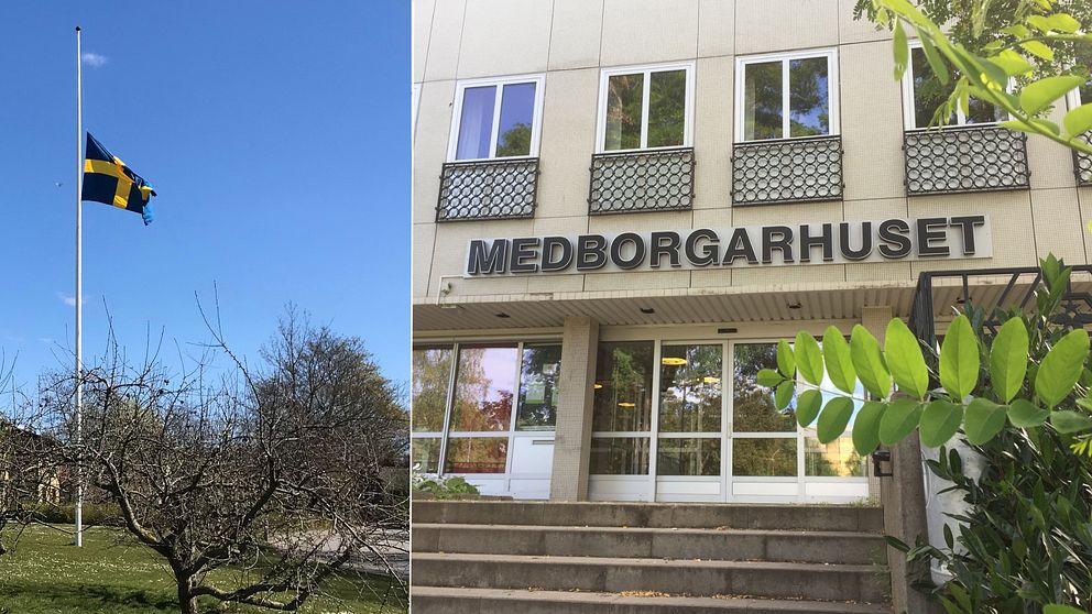 En bild på en flagga som flaggar på halv stång, och en bild på medborgarhuset i Burlöv.