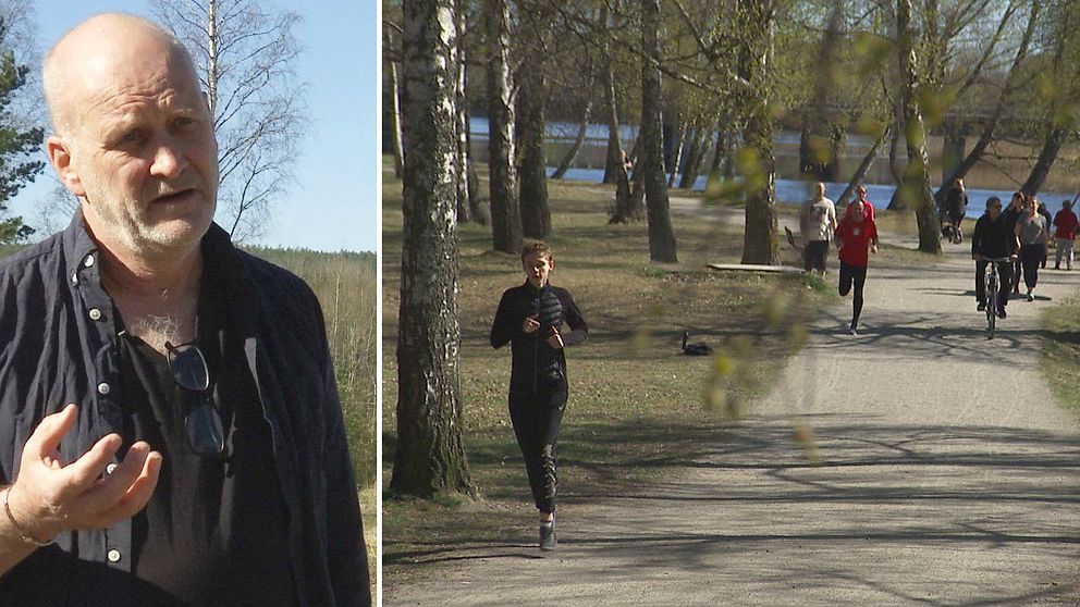 Två bilder. Till höger Carl-Gustaf Bornehag. Till vänster en bild med en joggare i förgrunden samt fler joggare och en cyklist i bakgrunden vid ett motionsspår i centrala Karlstad.
