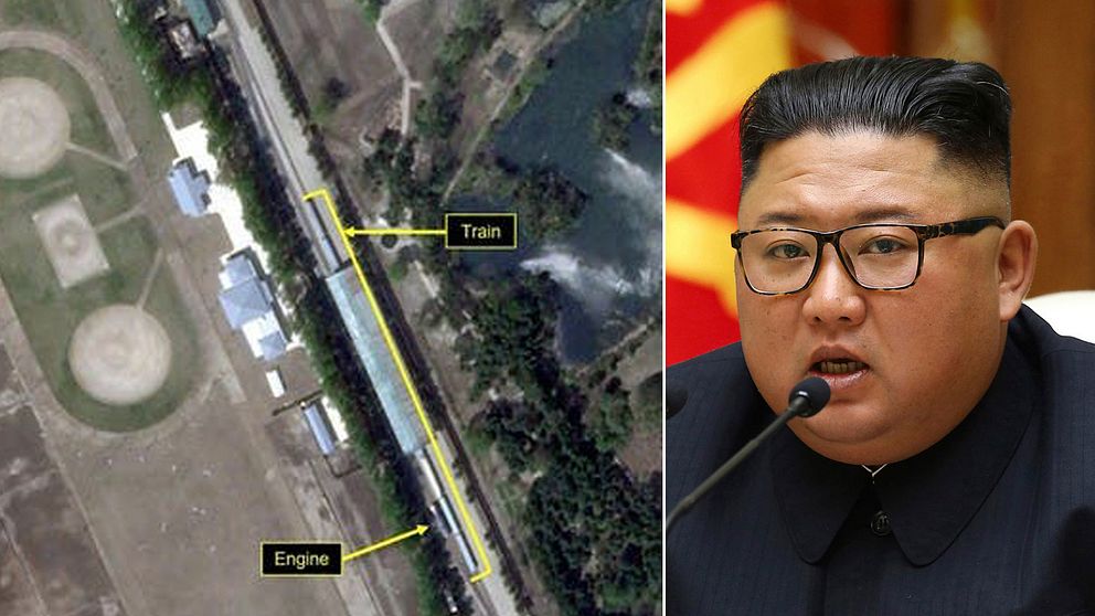 Till vänster en satellitbild som släppts av 38 North. Den tros visa Kim Jong-Un tåg i Wonsan på landets östkust.