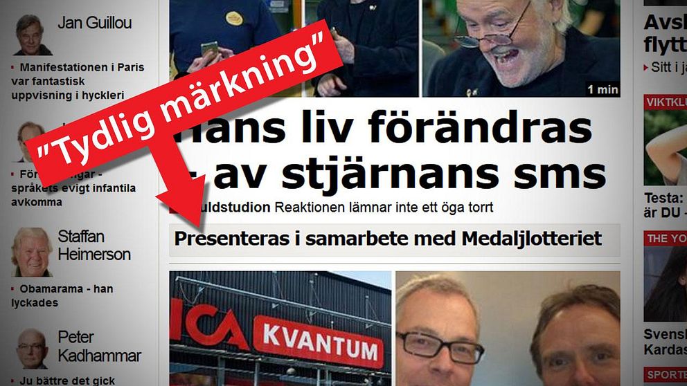Den ljusgrå balken ska visa läsarna vilka artiklar som är reklamsamarbeten på Aftonbladets nyhetssajt. ”En tydlig märkning”, säger Jan Helin, ansvarig utgivare och chefredaktör på Aftonbladet.