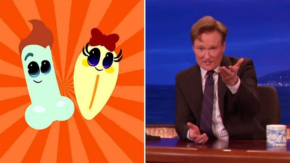 Den tecknade snoppen och talkshow-värden Conan O’Brian. Klargörande: Conan O’Brian är på bilden till höger.