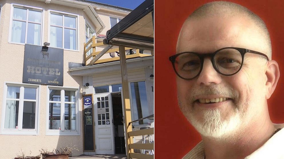 Husfasad till restaurang i Junsele till vänster. Bild på Thomas Östlund till höger, iklädd svarta glasögon framför en röd vägg.