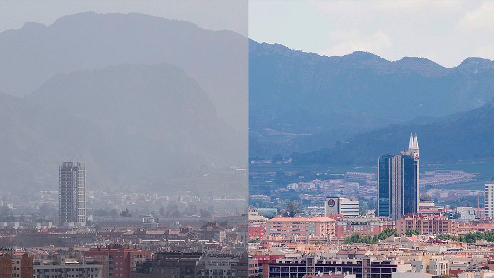 Luften över staden Murcia i Spanien en dag innan utegångsföbudet trädde i kraft och en måndag senare.