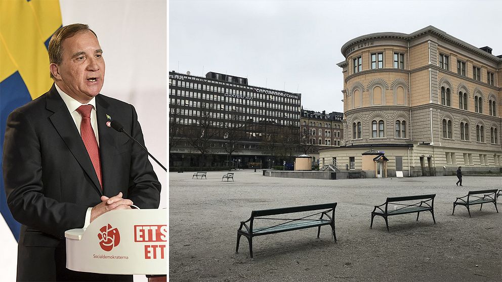 Statsminister Stefan Löfven (S) under sitt digitala första maj-tal och ett tomt Norra bantorget, där Socialdemokraternas första maj-tåg normalt avslutas.