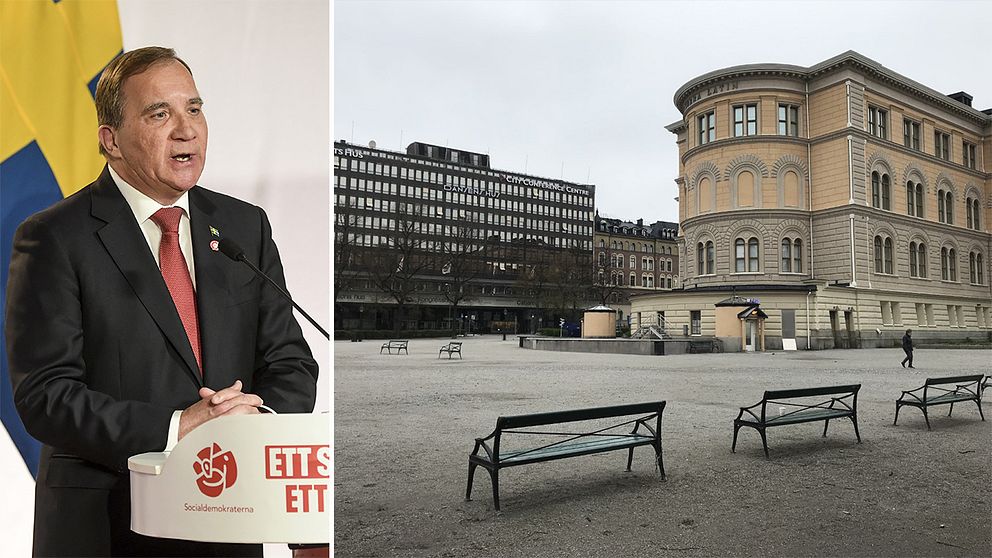 Statsminister Stefan Löfven (S) under sitt digitala första maj-tal och ett tomt Norra bantorget, där Socialdemokraternas första maj-tåg normalt avslutas.