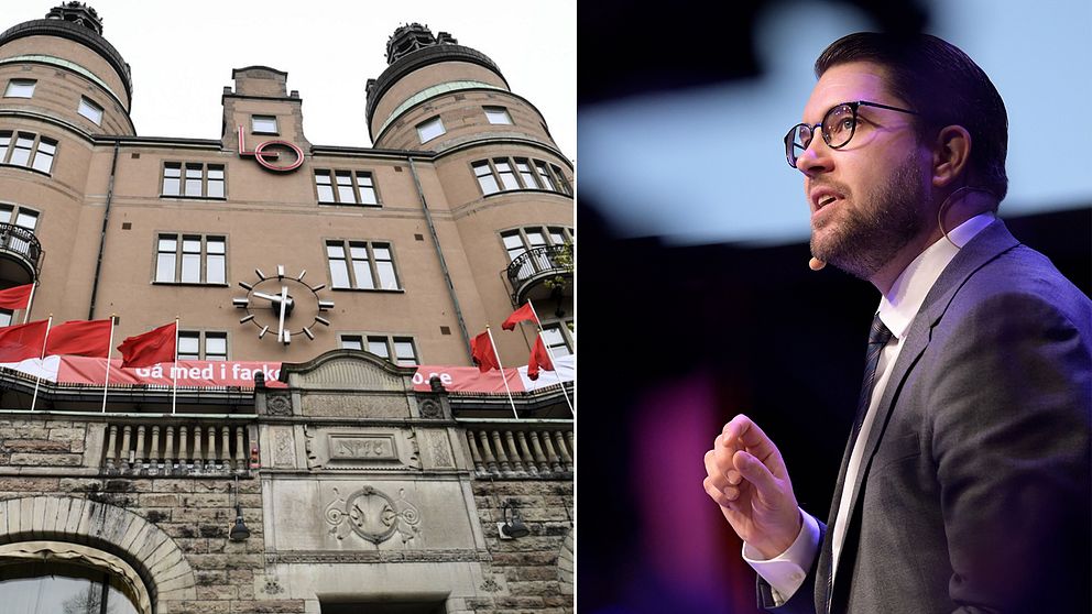 Jimmie Åkesson (SD) ser gärna att hans parti tar mer plats under kommande första maj-evenemang. Montage med bild på LO-borgen och Jimmie Åkesson.