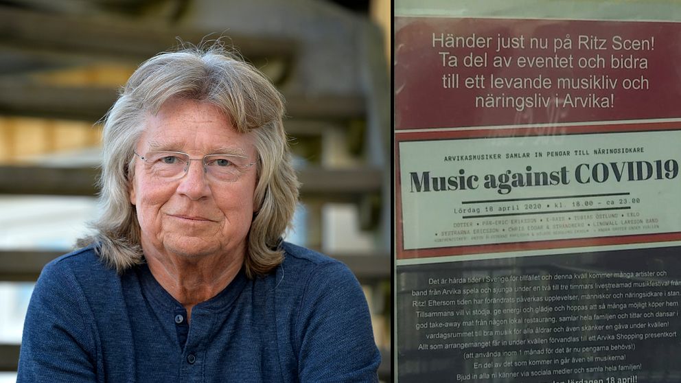 Tvådelad bild. En på musikern Janne Schaffer som sitter på en trappa. Andra delen av bilden är på en poster som gör reklam för den förra galan som arrangerades i Arvika.