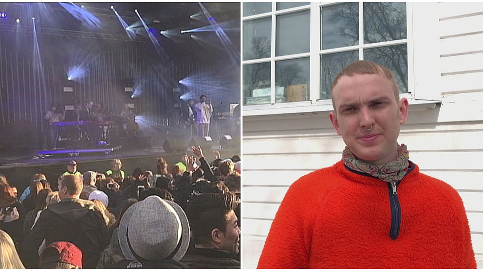 Kollage: Konsert till vänster, Alex Olofsson i orange tröja till höger