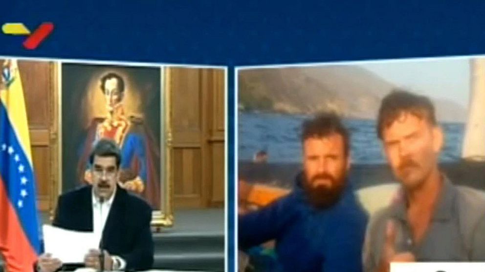 En skärmdump från Maduros pressträff i statstelevisionen. Till höger i bild visas enligt Venezuelas regeringen de två misstänkta männen från USA, Luke Denman och Airan Berry.