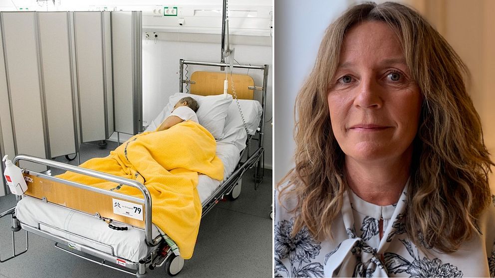 Till vänster genrebild på person i sjuksäng. Till höger porträttbild på Maria Olsson som är registerhållare och ansvarig för det Svenska palliativregistret.