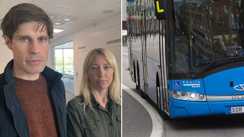 Rebecca och Simon bredvid buss från Västtrafik.