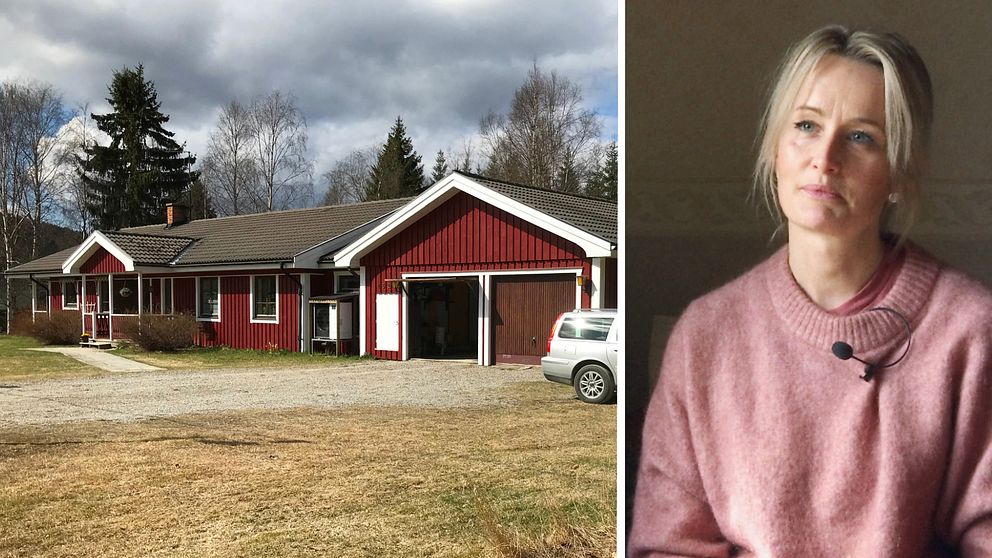 Collage i två delar. Vänster bildhalva: Exteriör på ett rött trähus. Höger bildhalva: Porträttbild på mäklaren Johanna Nordholm.