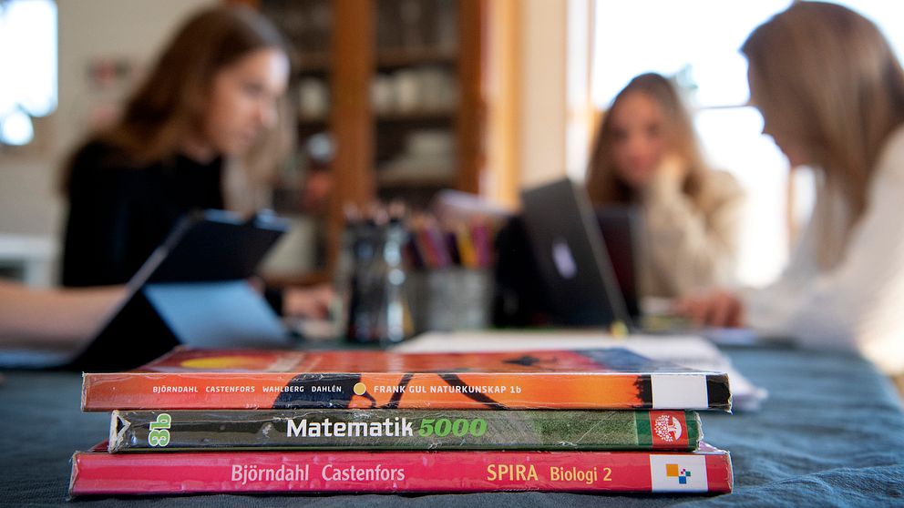 I förgrunden syns tre skolböcker staplade på varandra (i fokus). I bakgrunden syns tre gymnasieelever framför sina laptops i en hemmiljö (ur fokus).