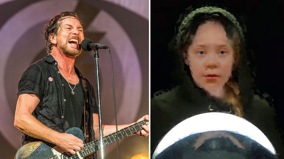 Bild på Eddie Vedder från Pearl Jam spelar och bild på en animerad och lite suddig Greta Thunberg.