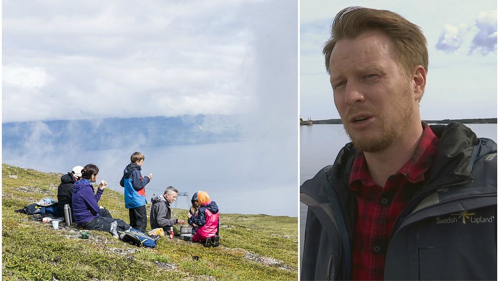 Familj fikar på fjäll, och Andreas Lind från Swedish Lapland Visitors Board.